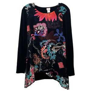 Chicos Womens Floral Blouse 0(S/4) Black Layered Mixed Media Tulip Hem Top Boho